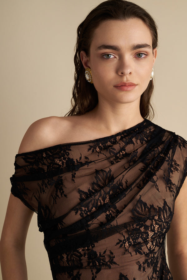 Drape Off Shoulder Lace Top Black