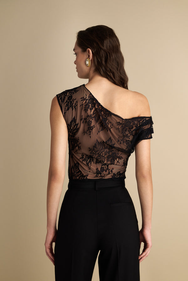Drape Off Shoulder Lace Top Black