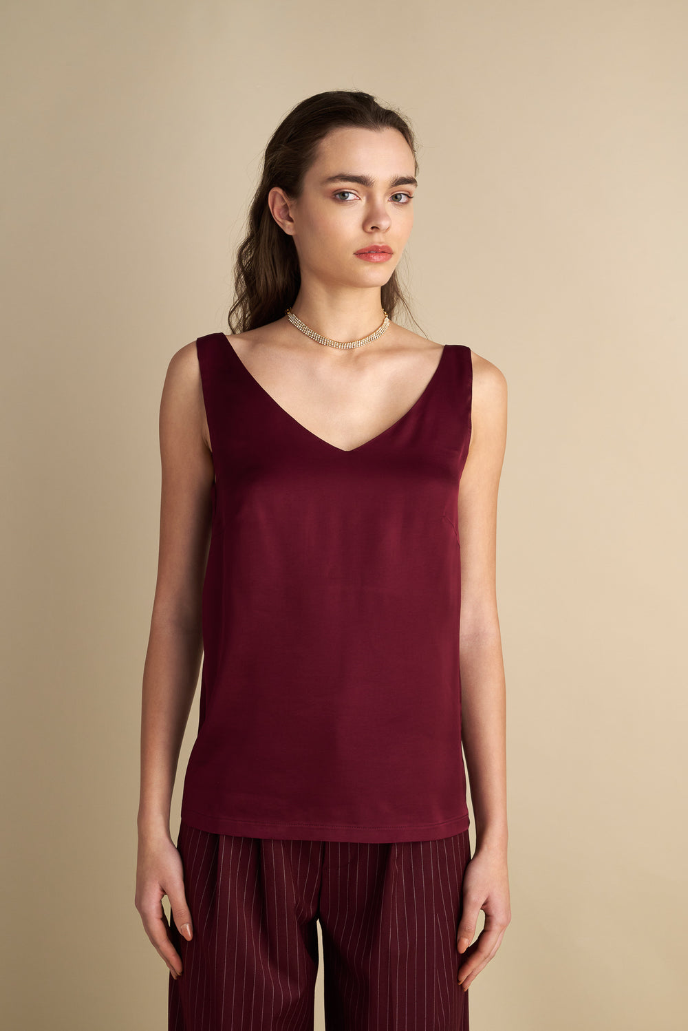 V-Front & Back Satin Top Wine