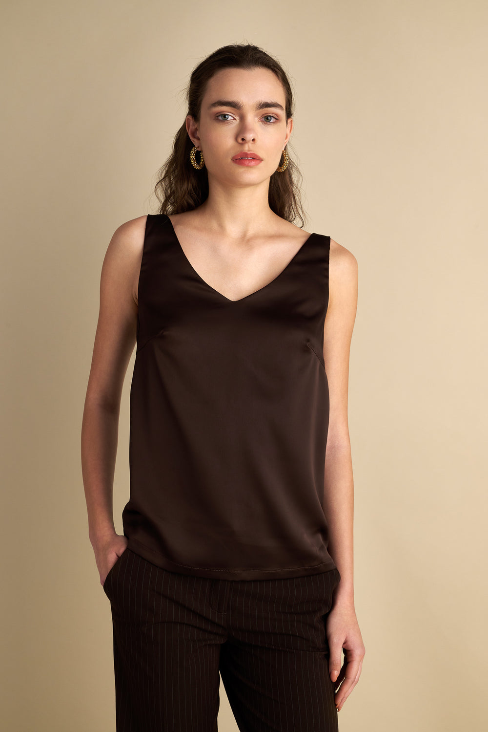 V-Front & Back Satin Top Esspresso