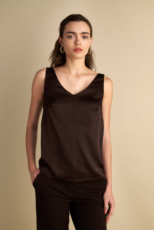 V-Front & Back Satin Top Esspresso