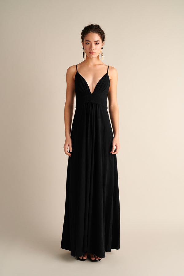 Lyra Deep‑V Maxi Dress Black