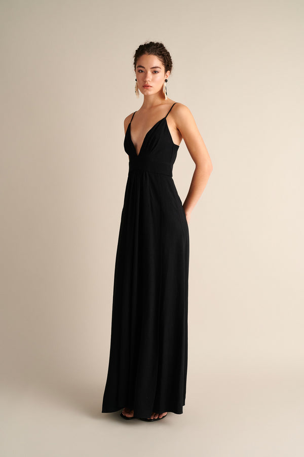 Lyra Deep‑V Maxi Dress Black