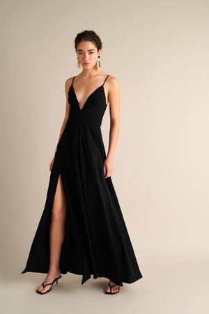 Lyra Deep‑V Maxi Dress Black