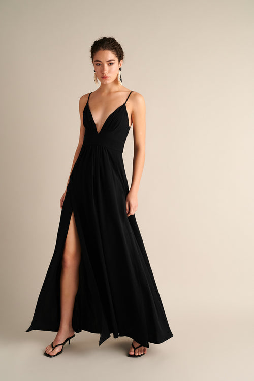 Lyra Deep‑V Maxi Dress Black