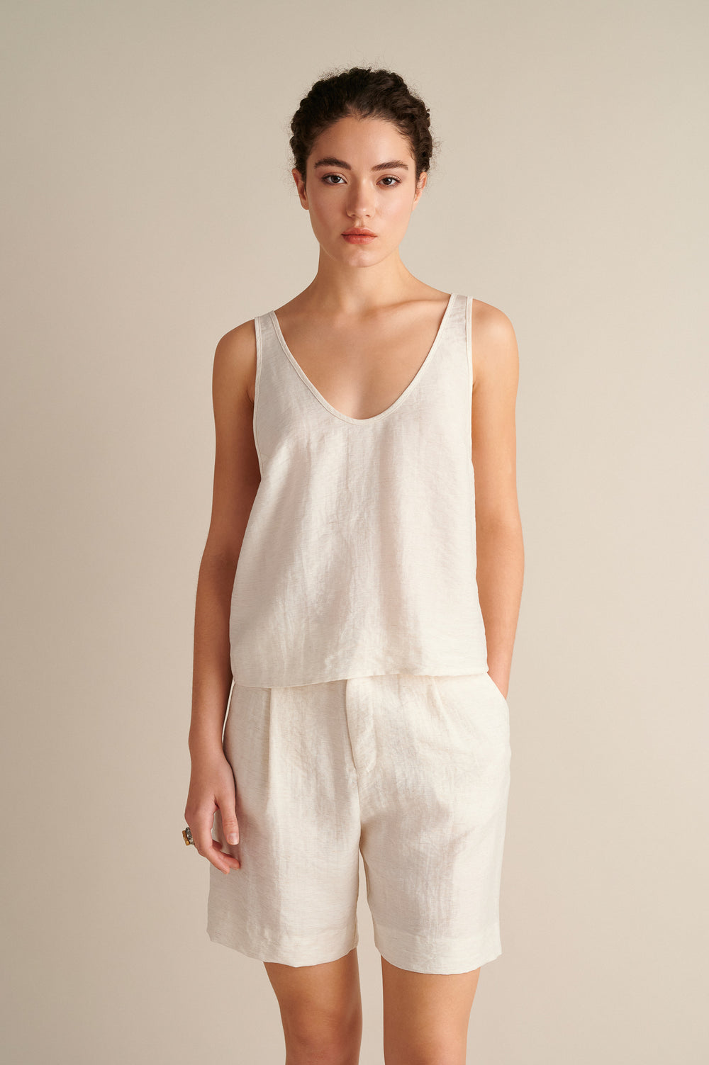 Linen Wide Leg Bermuda Ecru