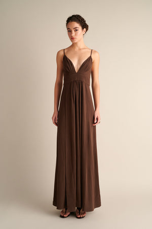 Lyra Deep‑V Maxi Dress Coffee