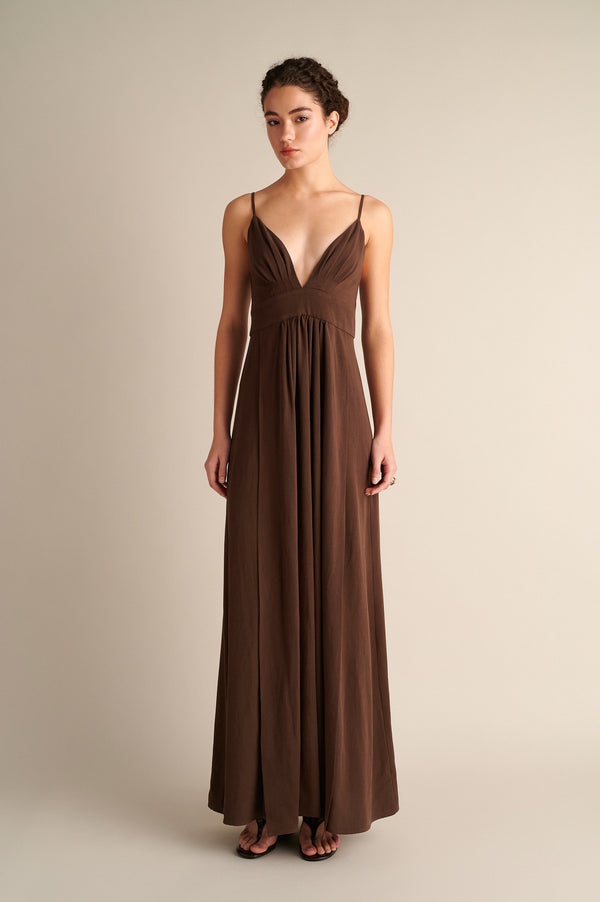 Lyra Deep‑V Maxi Dress Coffee