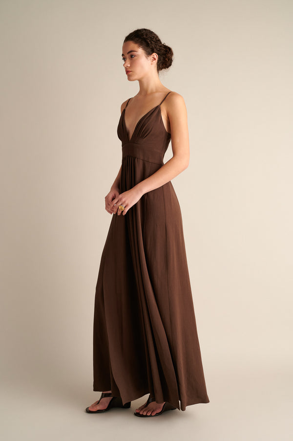 Lyra Deep‑V Maxi Dress Coffee