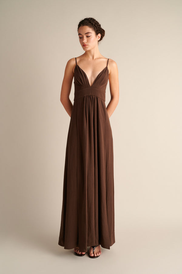 Lyra Deep‑V Maxi Dress Coffee