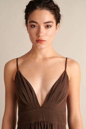 Lyra Deep‑V Maxi Dress Coffee