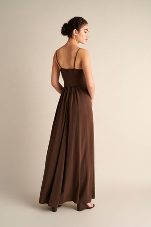 Lyra Deep‑V Maxi Dress Coffee