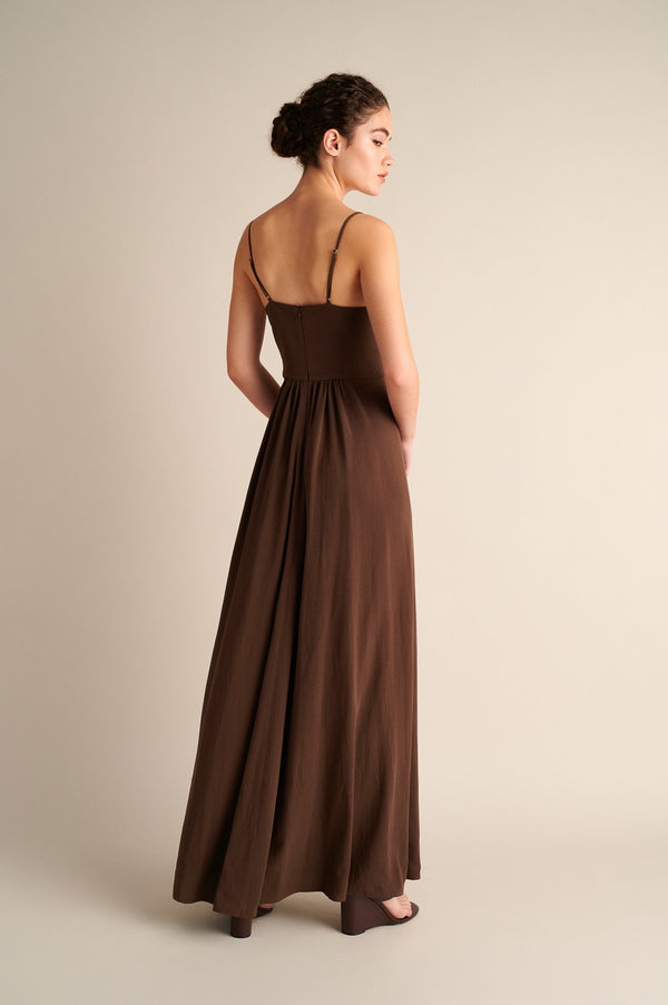 Lyra Deep‑V Maxi Dress Coffee