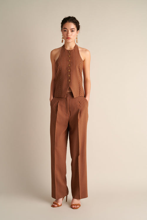 Pinstripe Wide‑Leg Trousers in Cocoa Brown