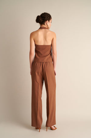 Pinstripe Wide‑Leg Trousers in Cocoa Brown