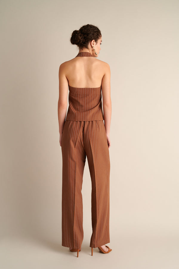 Pinstripe Wide‑Leg Trousers in Cocoa Brown