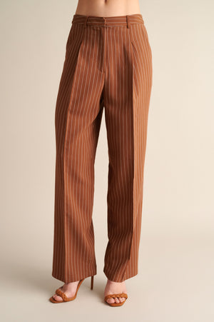 Pinstripe Wide‑Leg Trousers in Cocoa Brown