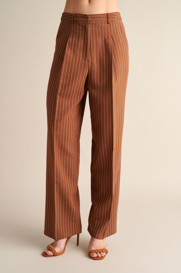 Pinstripe Wide‑Leg Trousers in Cocoa Brown