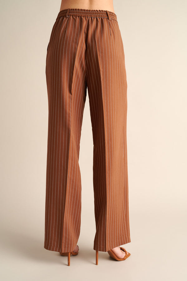 Pinstripe Wide‑Leg Trousers in Cocoa Brown