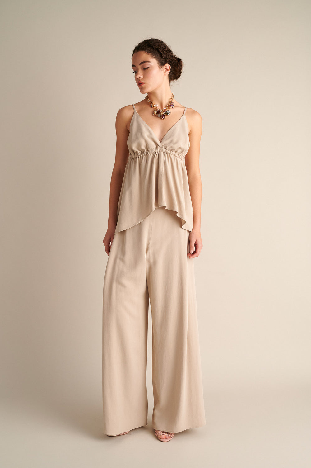 Wide‑Leg Trousers with Side Slits Sand