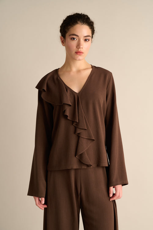 Asymmetric Ruffle Top Coffee