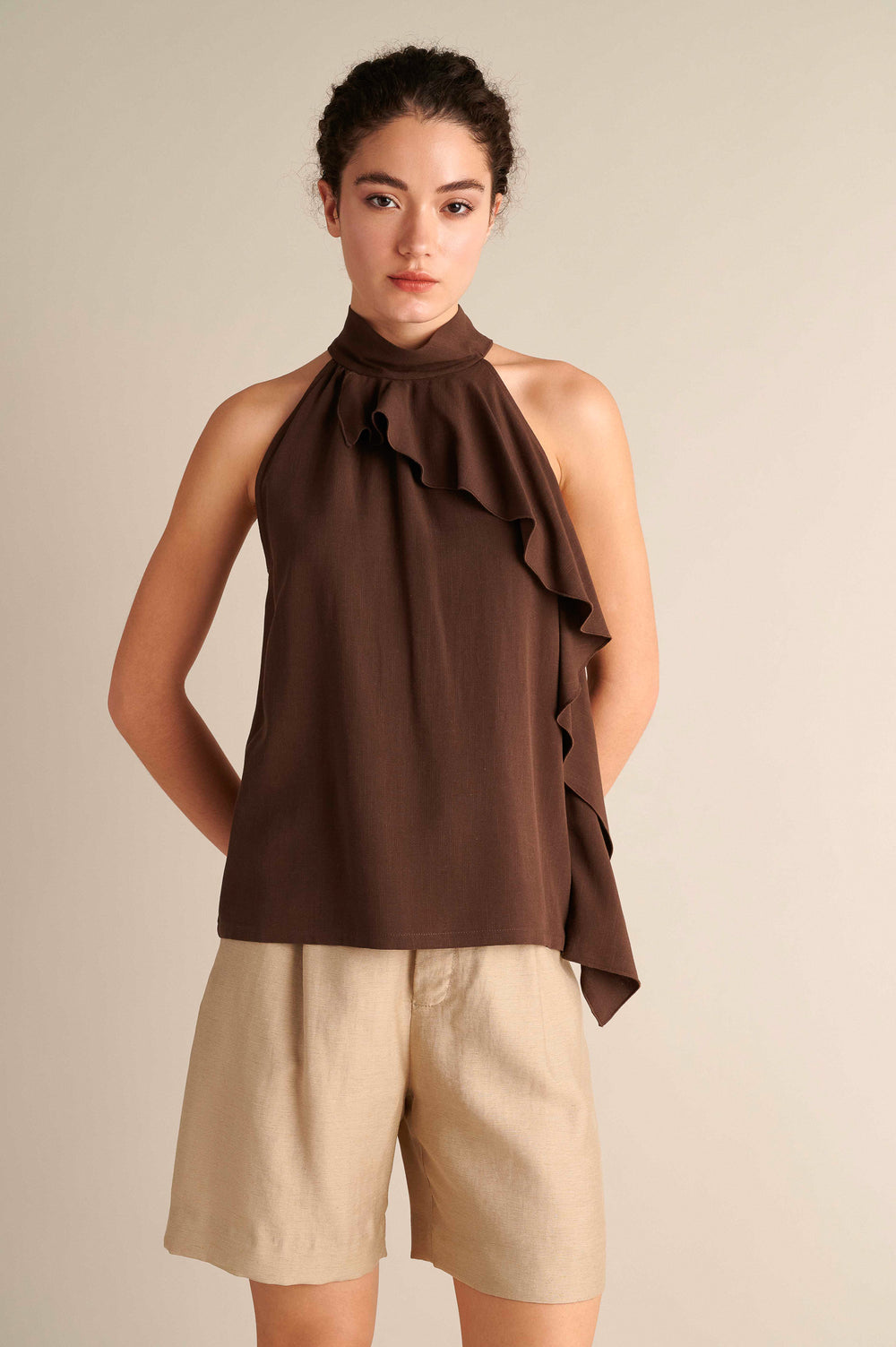 Sleeveless Ruffle‑Front Top Coffee