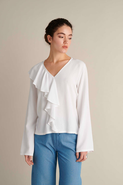 Asymmetric Ruffle Top White