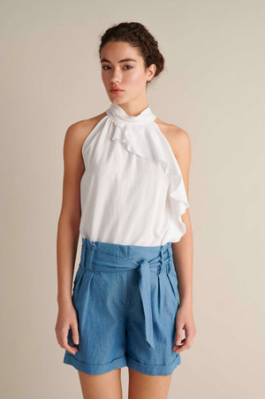 Denim Ruffle Waist Shorts