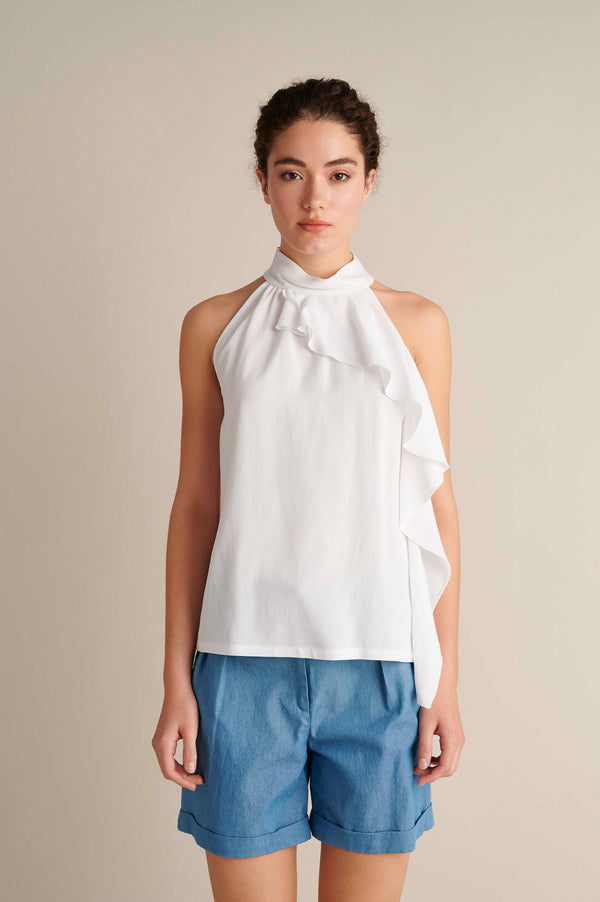 Sleeveless Ruffle‑Front Top White