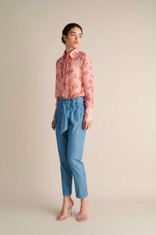 Denim Ruffle High-Waist Tapered Ankle Pants With Belt
