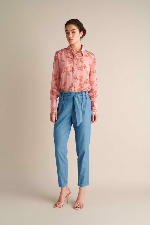 Denim Ruffle High-Waist Tapered Ankle Pants With Belt