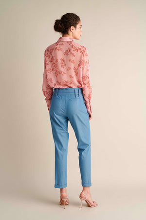 Denim Ruffle High-Waist Tapered Ankle Pants With Belt
