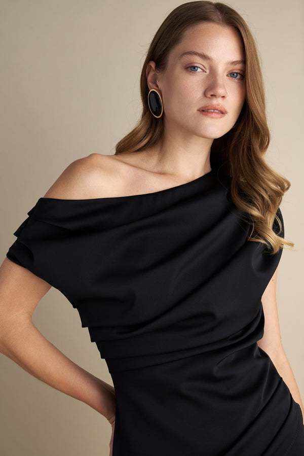 Drape Off Shoulder Midi Dress Black