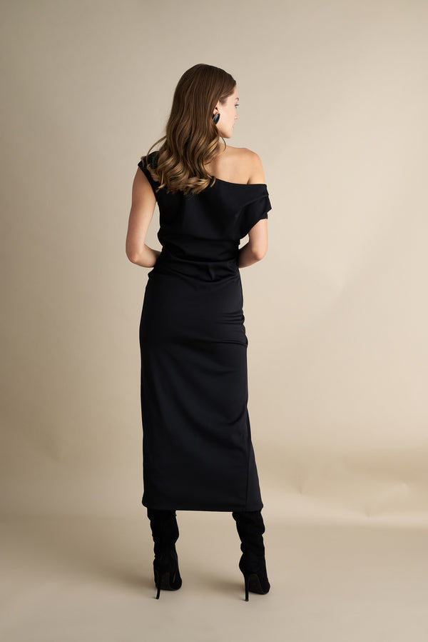 Drape Off Shoulder Midi Dress Black