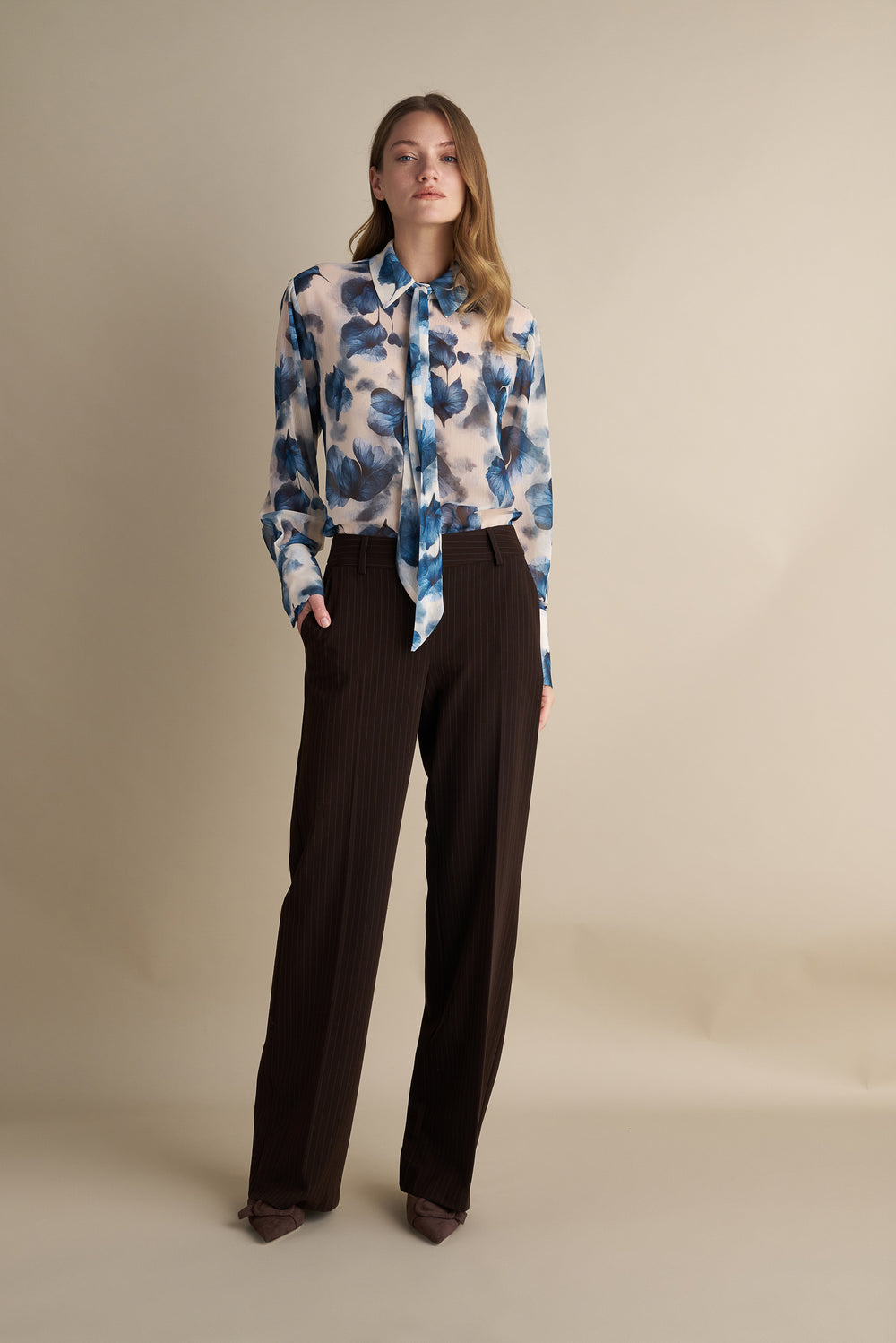 Pinstripe Low Rise Flare Trousers