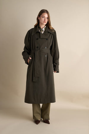 Double-Breasted Trench Coat – Olive Green
