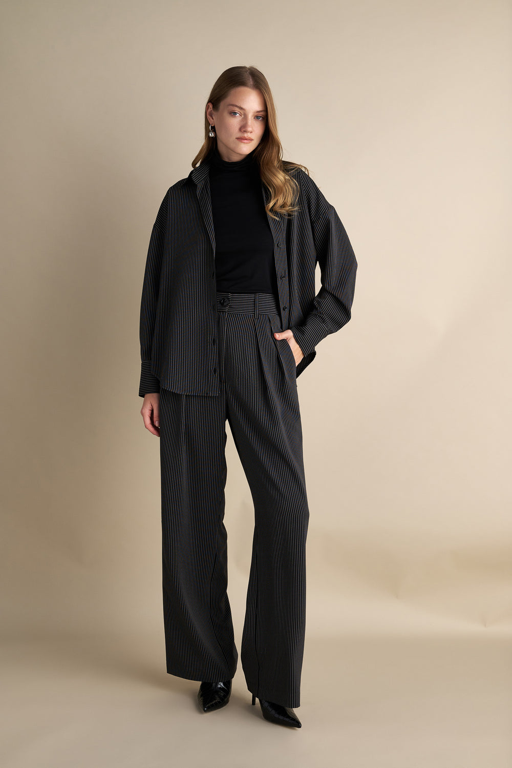 Tailored Pinstripe Flare Pants Black