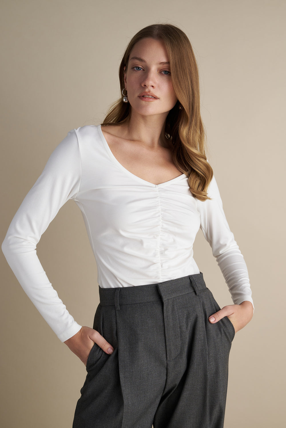 V-Neck Long Sleeve Top With Rushed  Front Design White