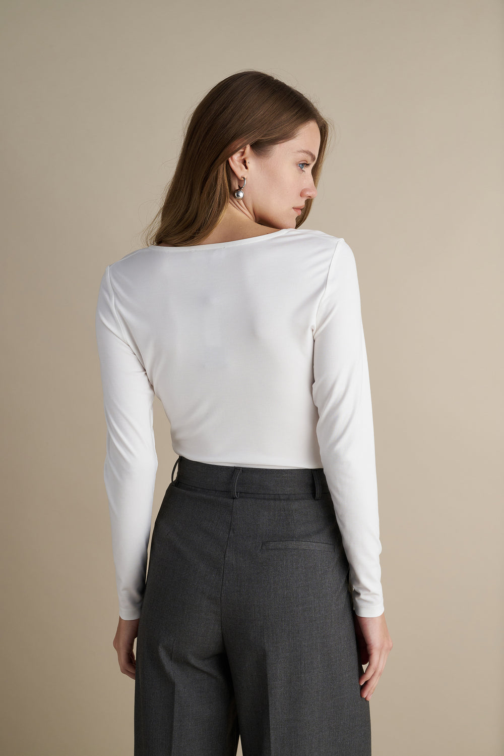 V-Neck Long Sleeve Top With Rushed  Front Design White