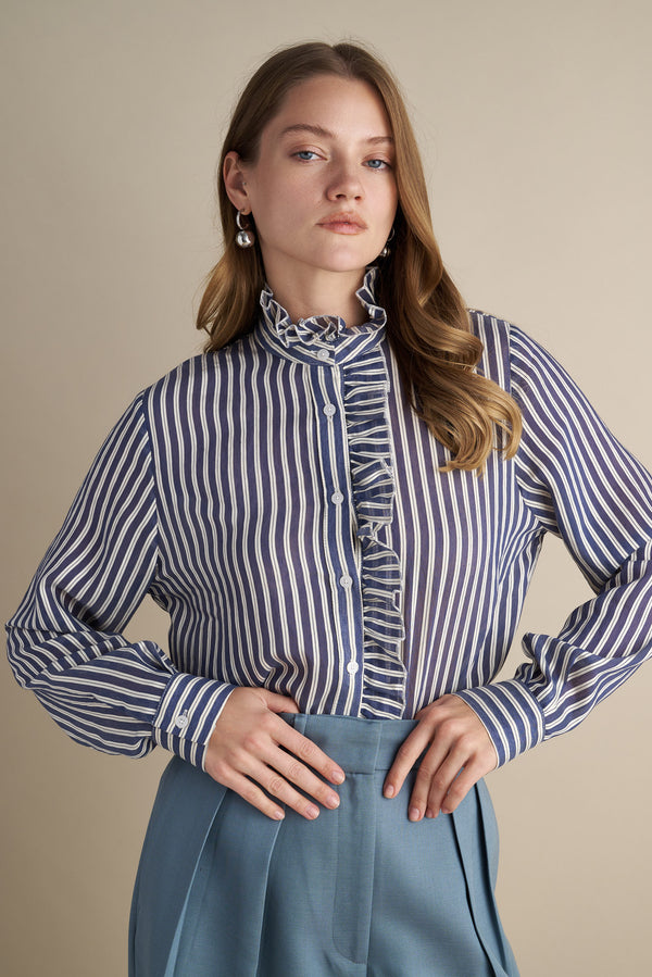 Striped Ruffle Blouse – Midnight & Pearl