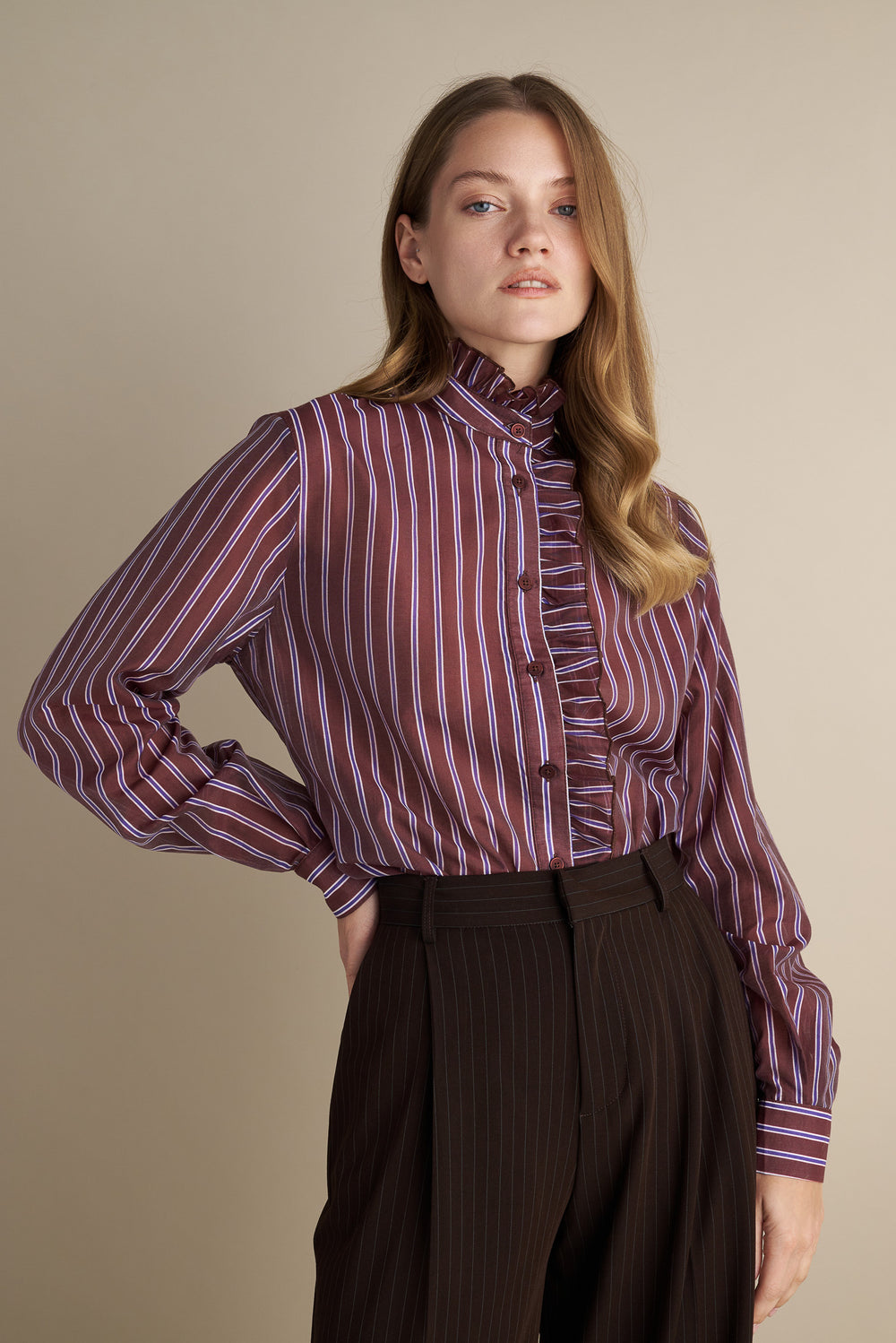 Striped Ruffle Blouse – Burgundy & Pearl