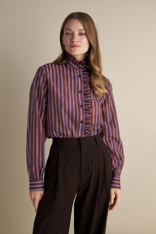 Striped Ruffle Blouse – Burgundy & Pearl