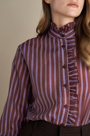 Striped Ruffle Blouse – Burgundy & Pearl