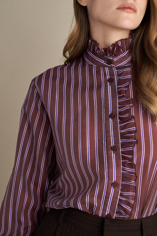 Striped Ruffle Blouse – Burgundy & Pearl