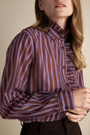 Striped Ruffle Blouse – Burgundy & Pearl
