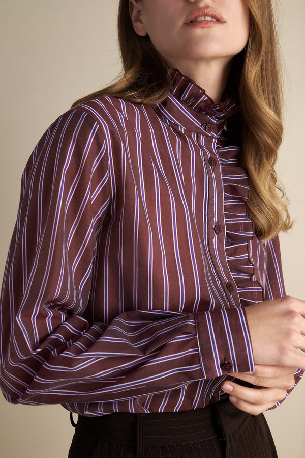 Striped Ruffle Blouse – Burgundy & Pearl