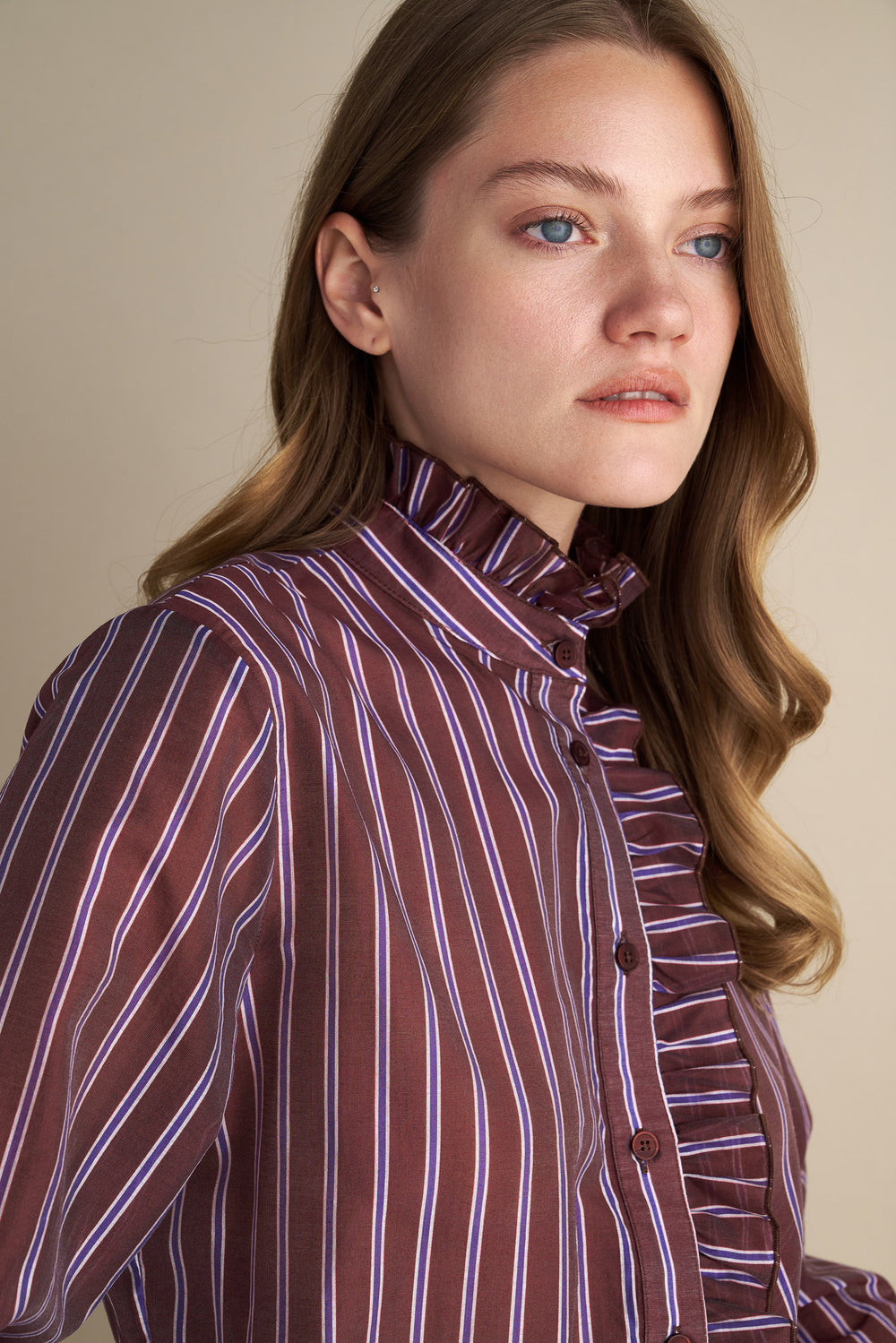 Striped Ruffle Blouse – Burgundy & Pearl