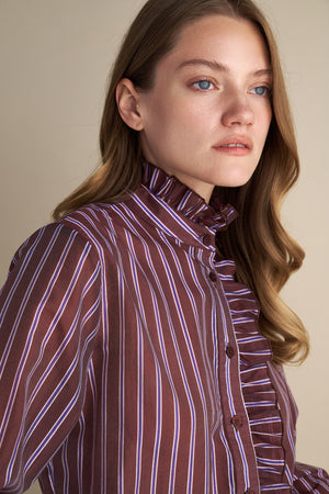 Striped Ruffle Blouse – Burgundy & Pearl