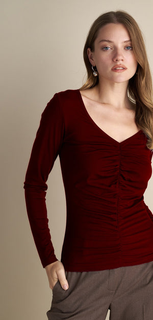 V-Neck Long Sleeve Top With Rushed  Front Design Burgundy