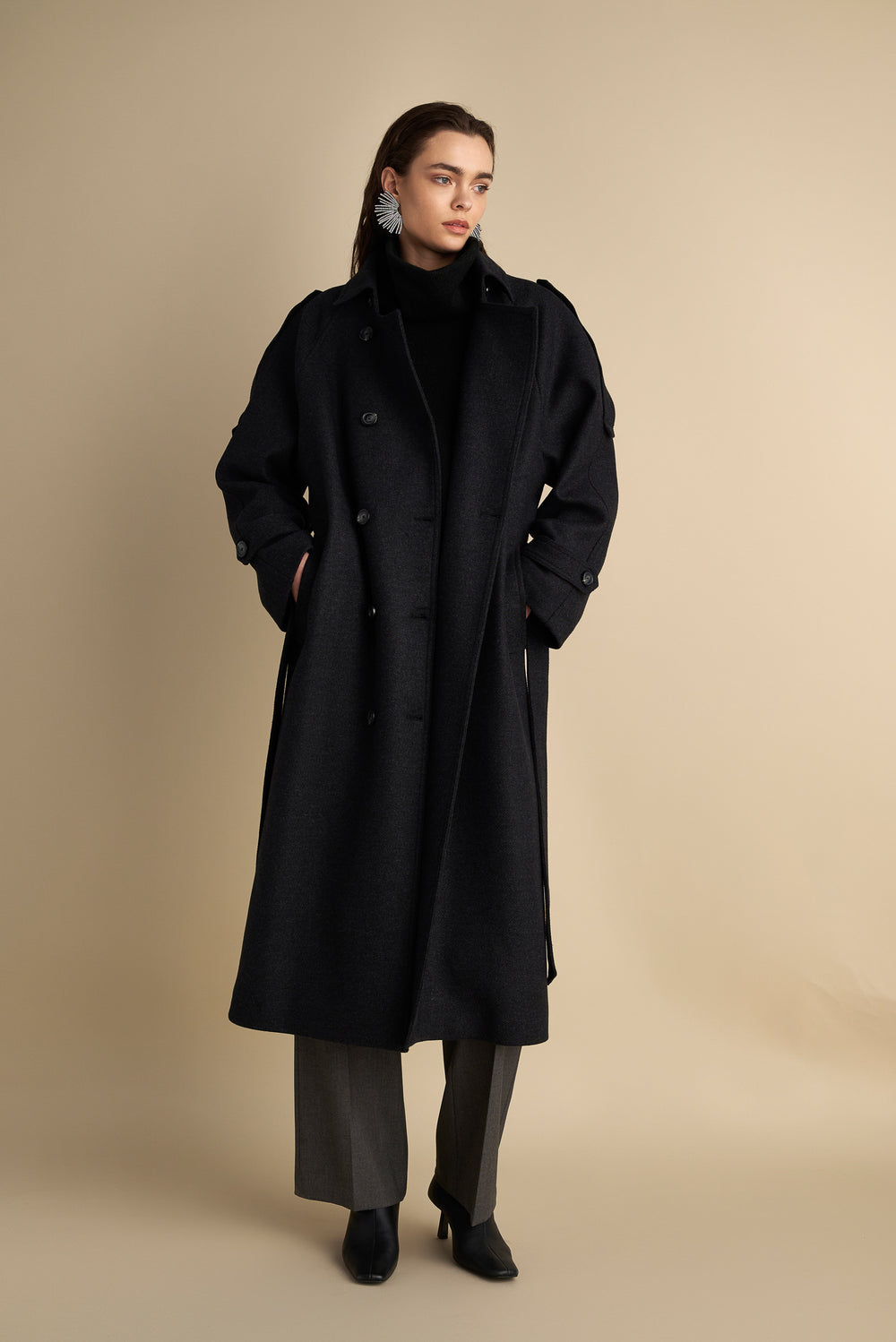 Wool Blend Trench with Cape Detail Charcoal